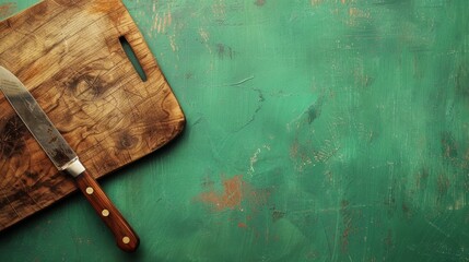 A cutting board with knife marks, against a green background.