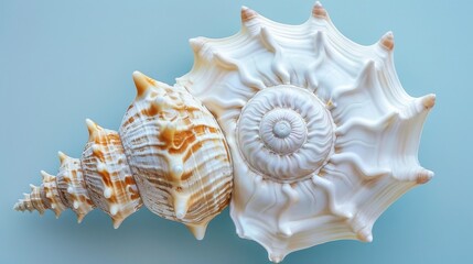 Obraz premium A seashell with intricate patterns, against a pale blue background.
