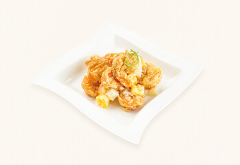 Hot Prawn Salad with Mango and Pineapple served in plate isolated on grey background side view of hong kong food
