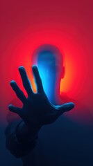 Obraz premium Silhouette of a person reaching towards the camera with vibrant blue and red lights in the background, evoking a sense of mystery and intrigue.