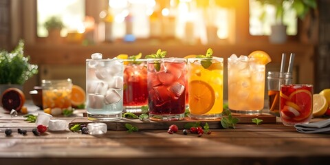 Array of Chilled Drinks with Assorted Ingredients. Concept Cold Beverages, Refreshing Cocktails, Summer Drinks, Mixology Recipes, Beverage Pairing