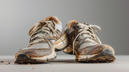 A pair of running shoes with worn soles, against a gray background.