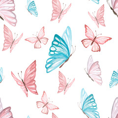 Seamless pattern of colorful butterflies watercolor illustration on a white background. Hand drawn illustration of butterflies for fabric printing, baby wallpaper, baby linen, baby shower.