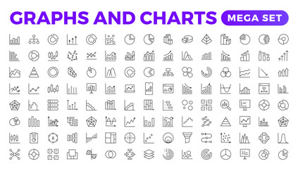 "Graphs and charts icon set. Business growing bar graph icons. Statistics and analytics vector icon. Statistic and data, charts diagrams, money, down or up arrow.