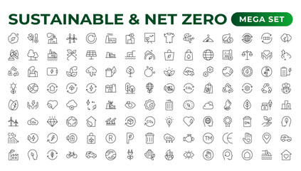 Set of sustainability and Net Zero, environmental, ecological, recyling, green, organic, industry thin line icons. Linear ecology simple symbol collection.