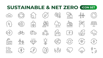 Set of sustainability and Net Zero, environmental, ecological, recyling, green, organic, industry thin line icons. Linear ecology simple symbol collection.
