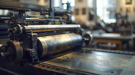 Close-up of a vintage printing press machine in a workshop, highlighting intricate details and craftsmanship of historical printing technology.
