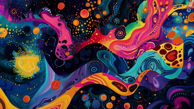 A funky and psychedelic backdrop with a mix of vibrant colors and abstract shapes taking inspiration from the acid jazz and funk movements. - Powered by Adobe