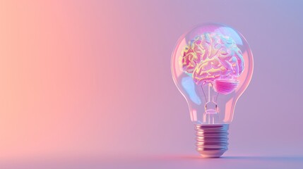 3d render of light bulb with colorful glowing brain inside on pastel background, idea concept design banner for business and creative technology innovation in futuristic color copy space award winning