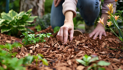 Fototapeta premium Woman mulching soil with bark chips in garden, closeup