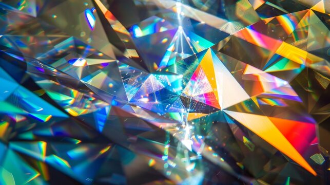 A close-up of a prism refracting light, creating a kaleidoscope of colors and patterns.