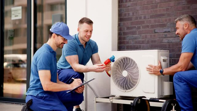 Skilled commercial HVAC technician inspects air conditioner installation