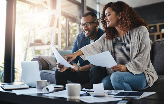 Portfolio, financial documents or happy couple with budget paperwork, growth or planning savings. Investment, smile or people organizing bills checklist for paying debt, finance or household expenses