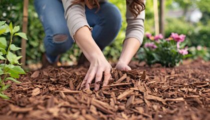Woman mulching soil with bark chips in garden, closeup