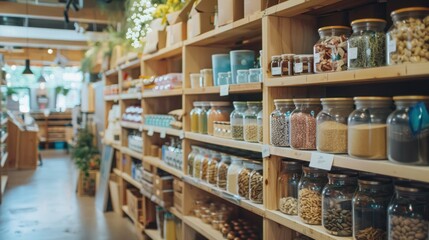Zero waste grocery store where customers bring their own containers to fill with bulk food items and package-free products , concept of reducing waste and conscious consumption and minimal packaging. 