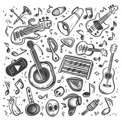 Set of hand drawn music theme isolated on white background, doodle set of Musical Instruments theme. Vector illustration