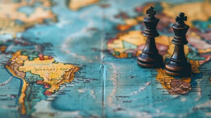 Geopolitics concept image with two chess pieces on a world map representing geopolitical discussion and movement between countries and continents. 