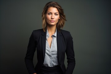 Fototapeta premium A woman in a business suit stands in front of a gray background