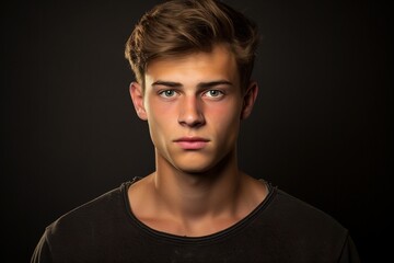 Naklejka premium A young man with brown hair and a black shirt is looking at the camera