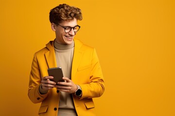 Fototapeta premium A man in a yellow jacket is smiling and holding a tablet