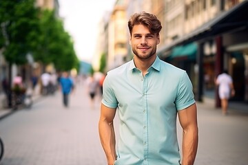 Fototapeta premium A man in a blue shirt is smiling and posing for a picture on a city street
