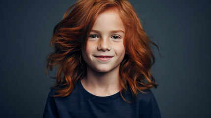 Portrait of a beautiful, happy smiling boy with long red hair and perfect skin, dark blue background, banner.