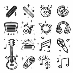 Set of hand drawn music theme isolated on white background, doodle set of Musical Instruments theme. Vector illustration
