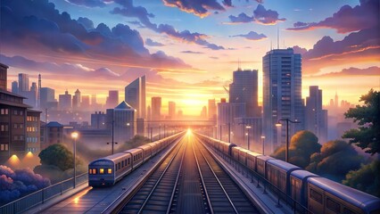 Cityscape With Two Trains Running on Parallel Tracks During Sunset, anime style, illustration, background