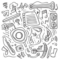 Set of hand drawn music theme isolated on white background, doodle set of Musical Instruments theme. Vector illustration