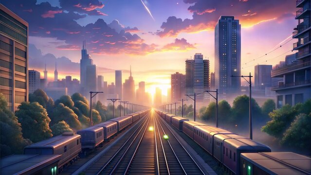 Cityscape With Two Trains Running on Parallel Tracks During Sunset, anime style, illustration, background
