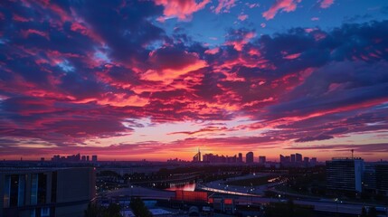 Cityscape at dusk with vibrant pink and purple sunset clouds painting the sky and creating a beautiful and serene urban scene