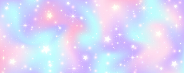 Unicorn wavy fluid sky with stars. Gradient blurred background with sparkles. Pink and blue holographic fantasy wallpaper