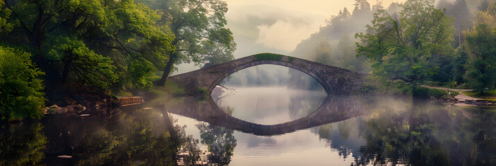 Serene River Landscape with Stone Bridge and Morning Fog Perfect for Enhancing Natural Elements in Adobe Photoshop Actions
