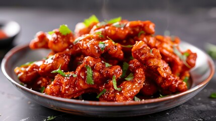 Plate of spicy chicken feet, bright red spicy sauce, steaming hot, garnished with cilantro, detailed and textured, visually enticing and tasty