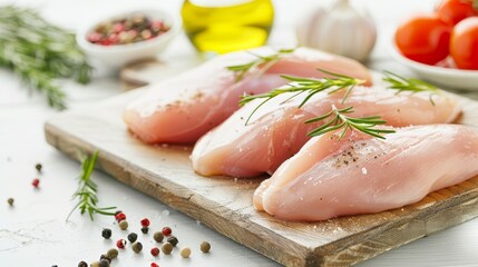 Raw chicken breast fillets on wooden board, detailed textures, kitchen setting, fresh and ready for cooking, clean presentation