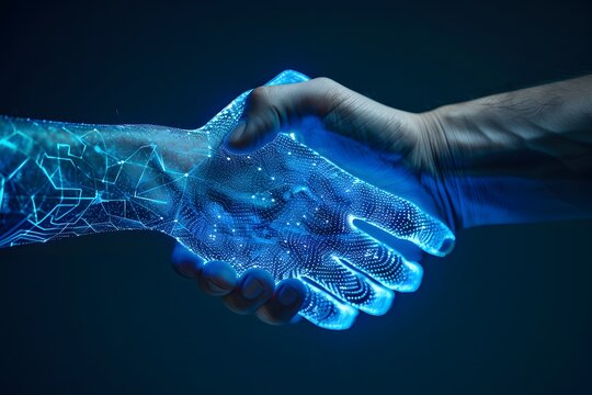 hand shaking between human and digital hand, integration between human and artificial intelligence.