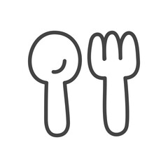 Cute restaurant icon. Hand drawn monochrome illustration of a spoon and a fork isolated on a white background. Kawaii sticker. Vector 10 EPS.