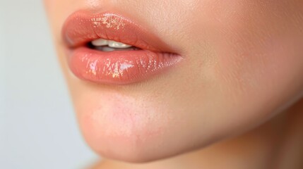 Woman with naturally rosy lips enhanced by subtle lip balm, glistening