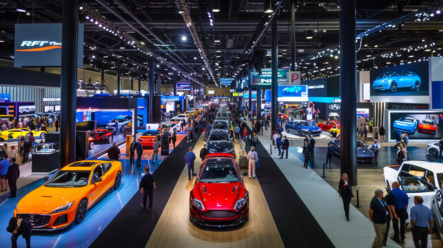 Exhibition hall with booths displaying new cars.