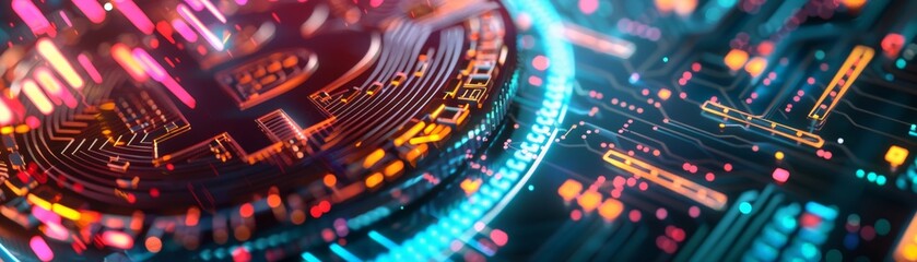 Bitcoin Close-up: Detailed spinning cryptocurrency showcasing intricate circuitry, surrounded by vibrant price fluctuation charts and graphs.
