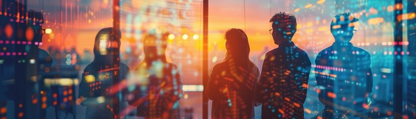 Fototapeta premium Silhouetted business professionals in office at sunset with futuristic cityscape background, representing teamwork and innovation.