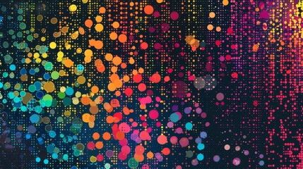 A series of colored dots arranged in a random pattern, forming a vibrant and abstract composition.