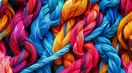 A collection of colorful threads intertwined and knotted, forming an abstract and intricate pattern.