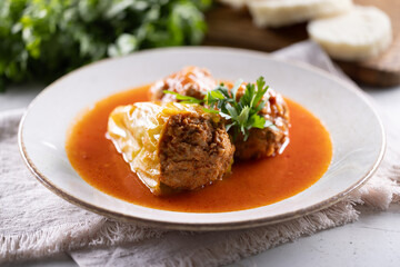 Stuffed green pepper with meat balls in tomato sauce, sourdough dumpling in the background