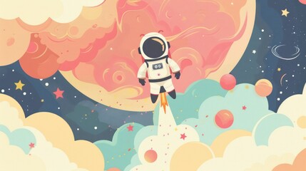 Fototapeta premium Pop design background for kids with astronaut and rocket in pastel colors and simple design