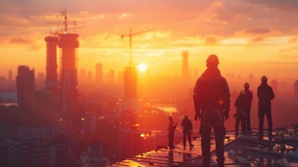 Fototapeta premium Silhouetted construction workers on a high-rise building at sunset, with cranes and city skyline in the background.