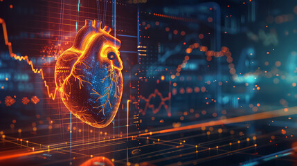 Glowing hologram of human heart organ 3D structure with dark background
