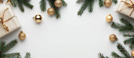 Festive holiday border with presents, evergreen tree, and golden ornaments on a white backdrop. Ample space for text. Festive flat lay for the New Year.