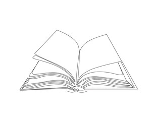 Continuous one line drawing of opened book. One line drawing illustration of book. Education book, idea, school and intelligence concept line art. Editable outline.