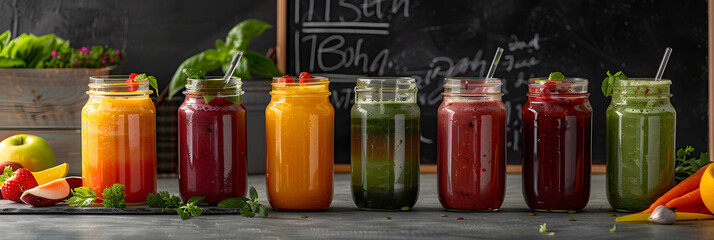 Variety of Vibrant, Healthful Smoothies with Fresh Ingredients